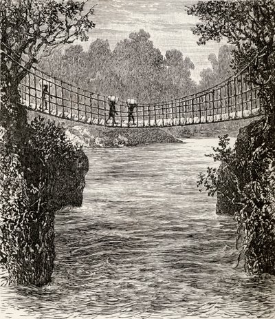 Puente colgante sobre el río Ituri, el Congo, 1890 de English School